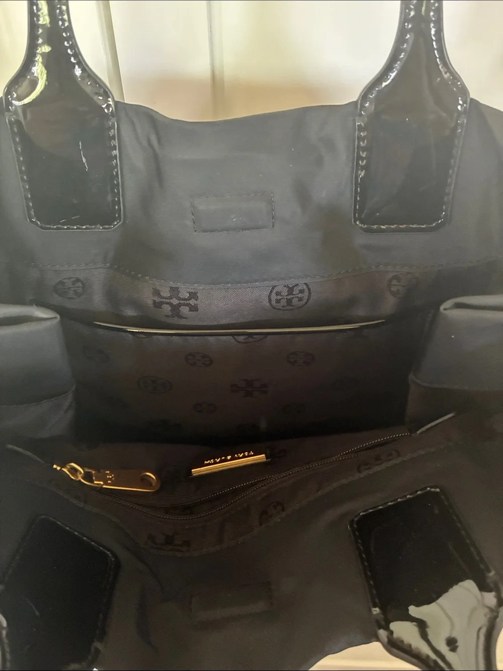 Tory Burch Black Nylon Tote with Patent Trim and Logo